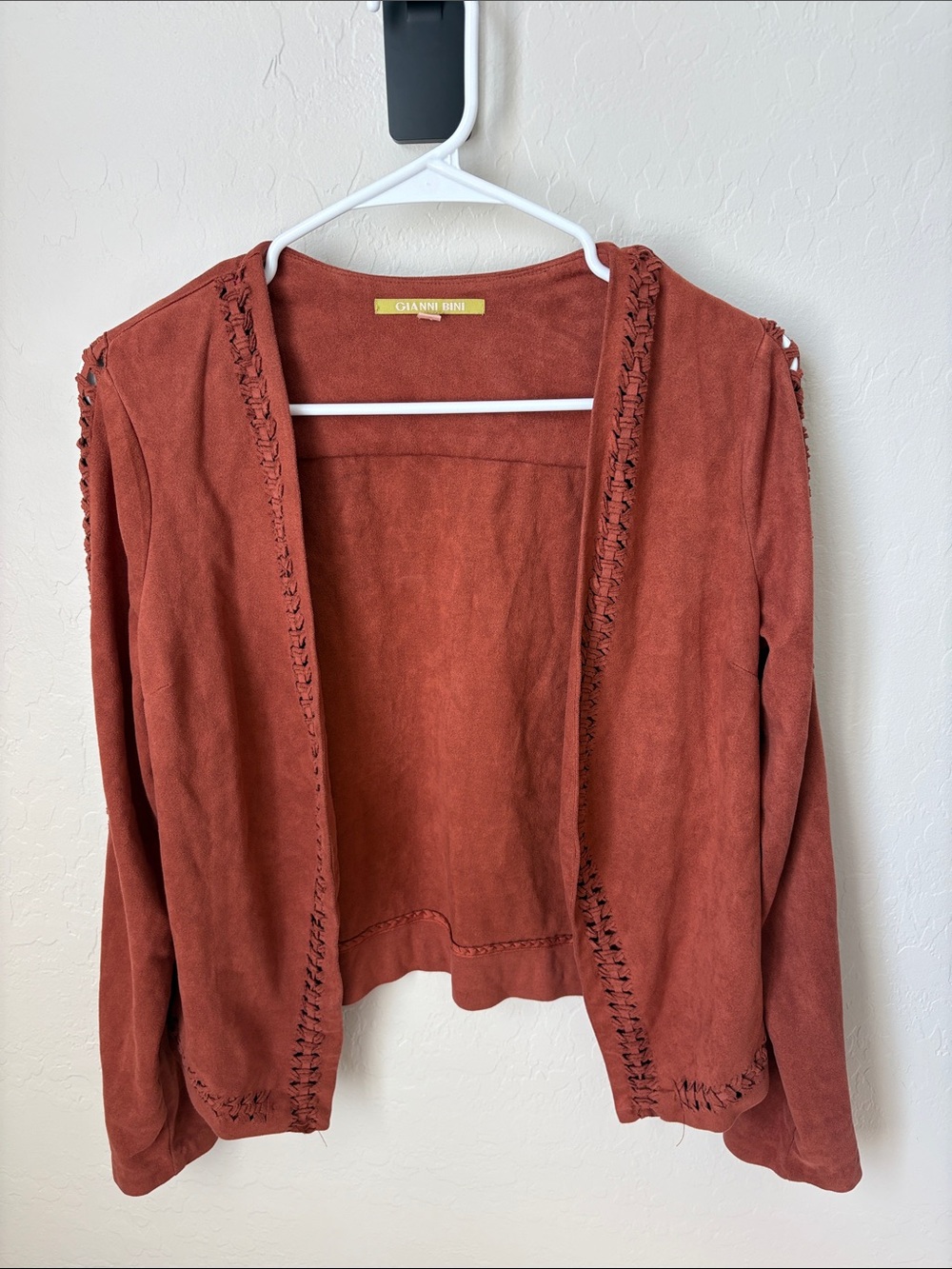Gianni Bini Burnt Orange Open-Front Cardigan with Whipstitch Trim Faux Suede